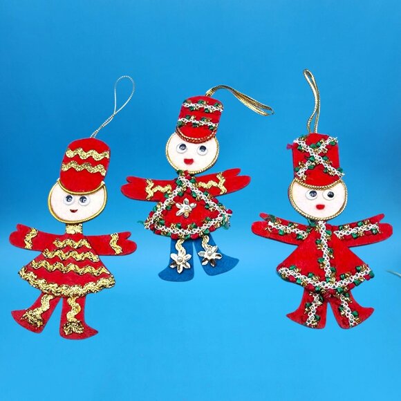 Vintage Red Felt Toy Soldier Ornaments w/ Googly Eyes & Gold Trim 1960s v4 - Picture 6 of 11